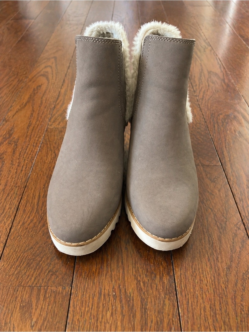 Toms Gray Faux-Suede Ankle Booties with Faux-Fur Trim